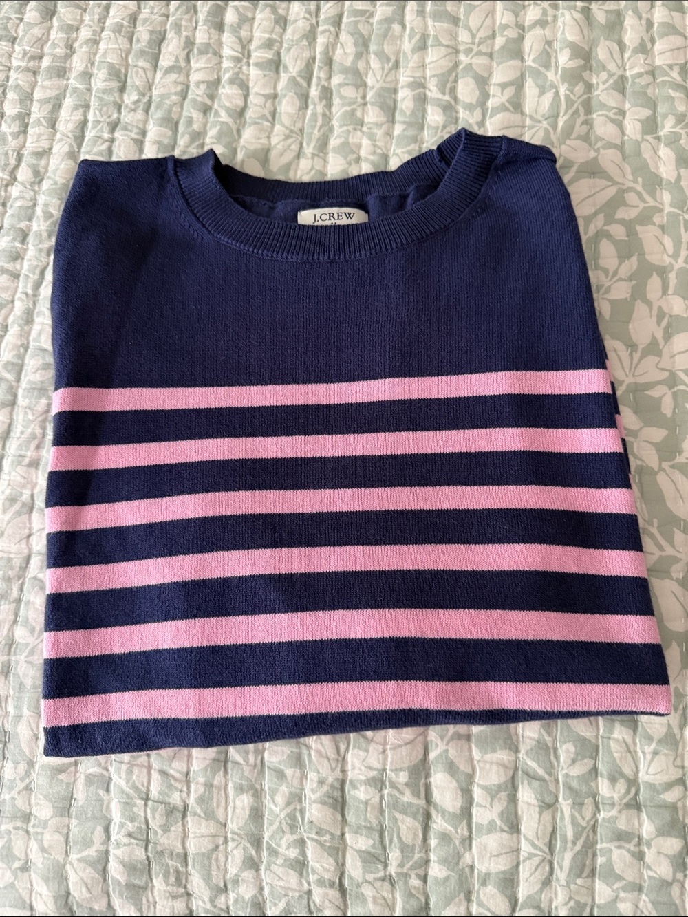 J. Crew Navy and Light Pink Striped Crewneck Sweater